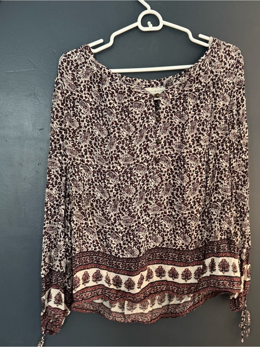 Lucky Brand Burgundy and Cream Paisley Tie-Neck Blouse